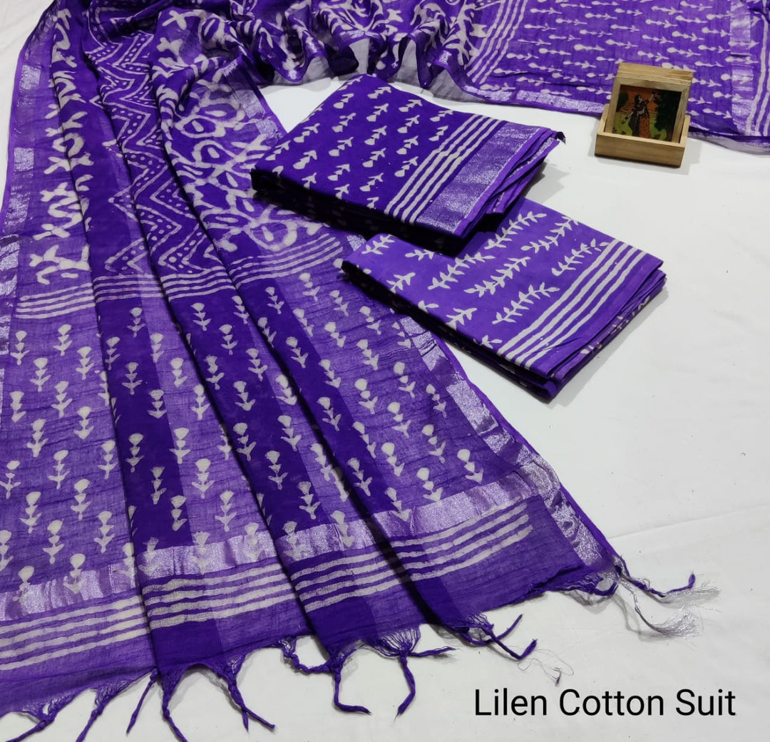 Hand Block Printed Linen Unstitched Suit .