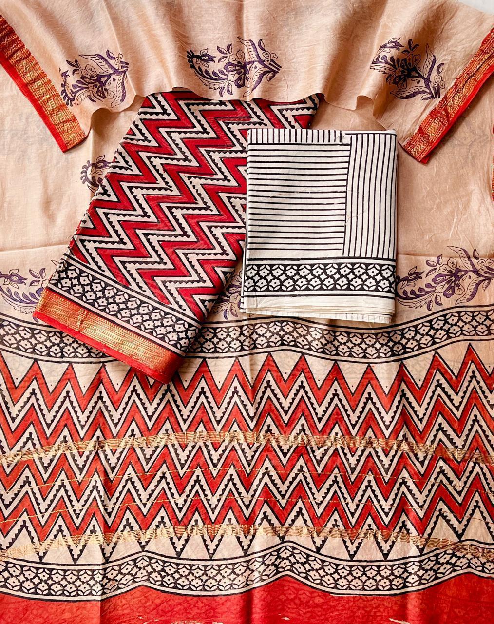 Pure Maheshwari Silk Hand block print Unstitched Suit.