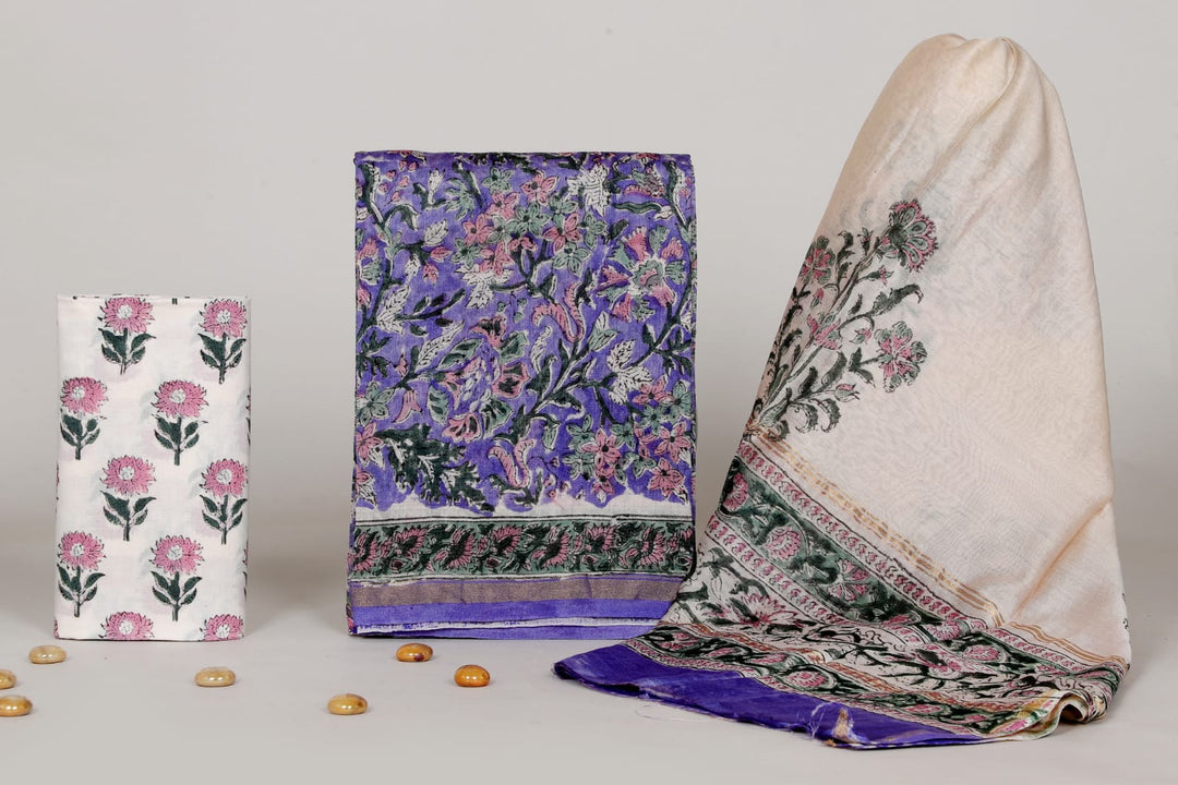 Pure Hand Block Chanderi Silk Unstitched Suit.