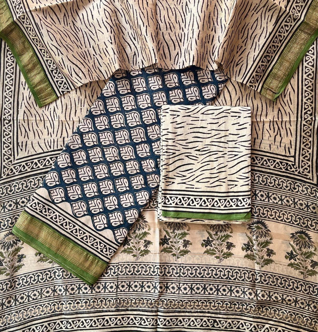 Pure Maheshwari Silk Hand block print Unstitched Suit.