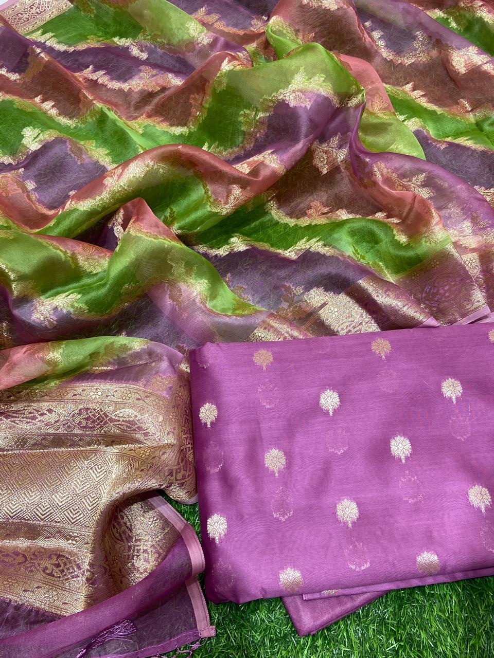 Pure Banarasi Chanderi Silk Zari Work Unstitched Suit With Banarasi Organza Rangkart Dupatta.