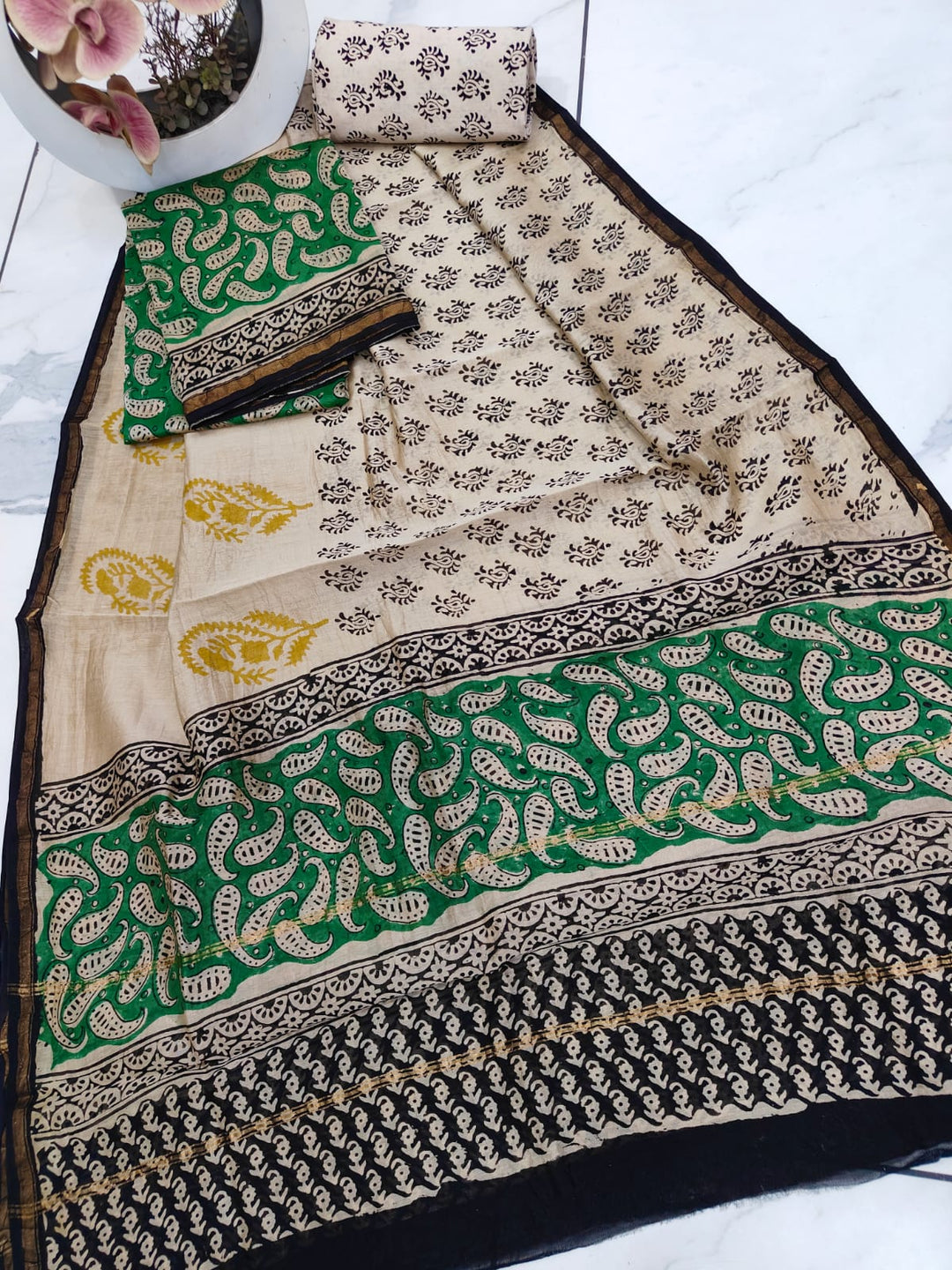Pure Hand Block Chanderi Silk Unstitched Suit