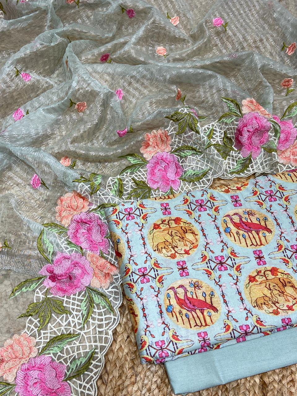 Pure Banarasi Resham Chanderi Silk Digital Print Unstitched Suit With Pure Tisshu Resham Work Dupatta.