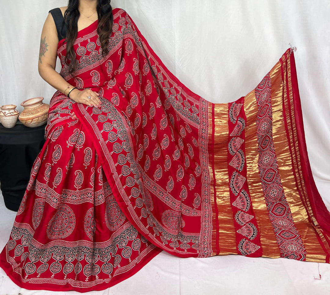 Pure Natural Dyeing Hand Block Print Modal silk saree.