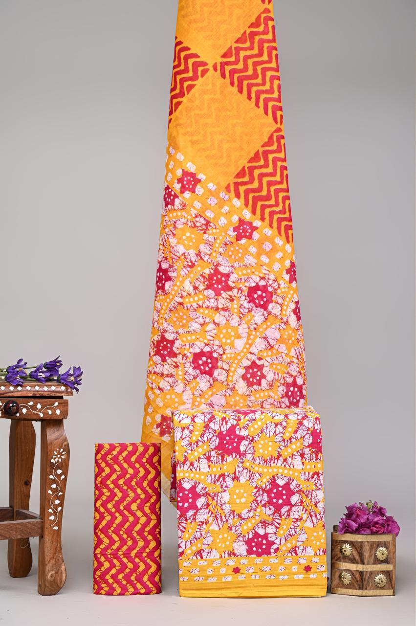 Pure Cotton Hand Block Printed Unstitched Suit Set With Cotton dupatta