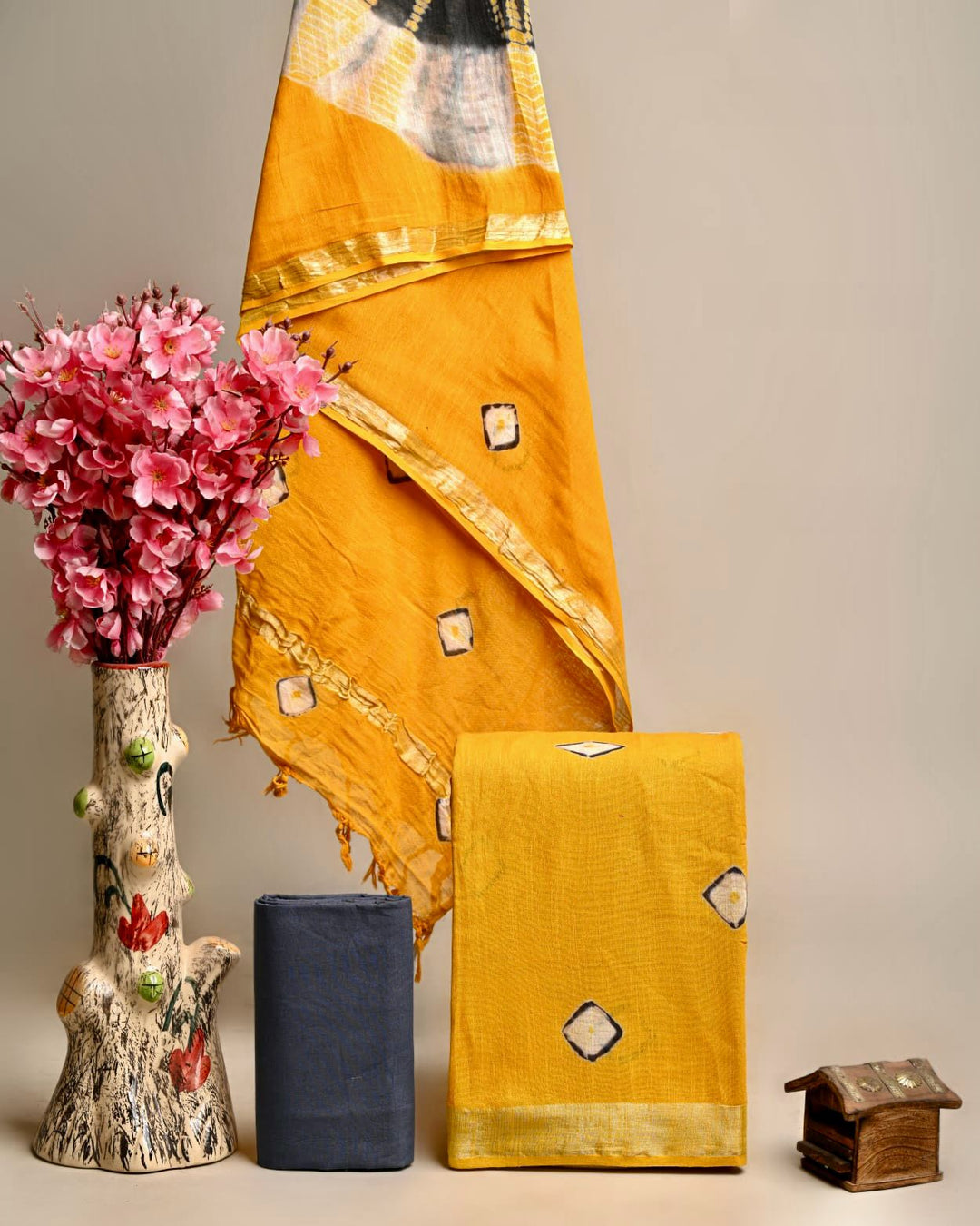 Hand Block Printed Linen Unstitched Suit .