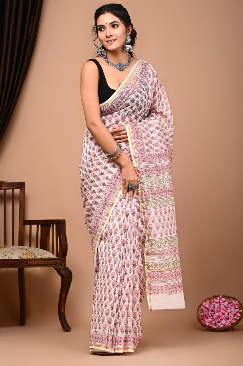 Hand Block Prninted Chanderi Saree .
