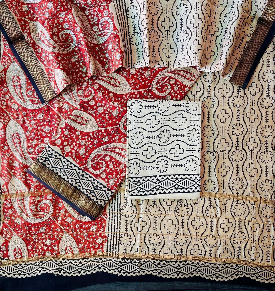 Pure Maheshwari Silk Hand block print Unstitched Suit.