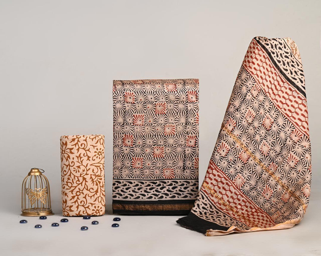 Pure Hand Block Chanderi Silk Unstitched Suit.
