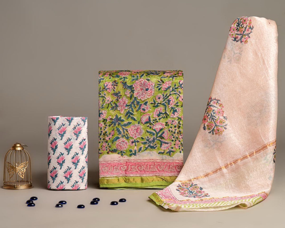 Pure Hand Block Chanderi Silk Unstitched Suit.