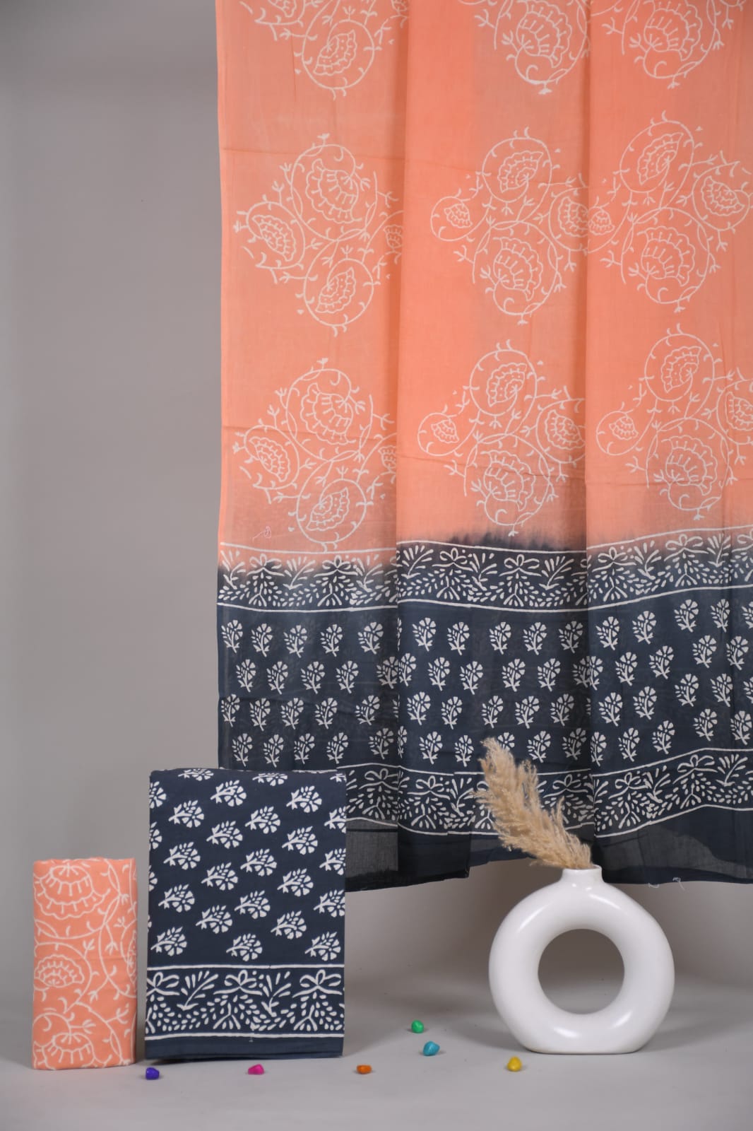 Pure Cotton Hand Block Printed Unstitched Suit Set With Cotton dupatta.