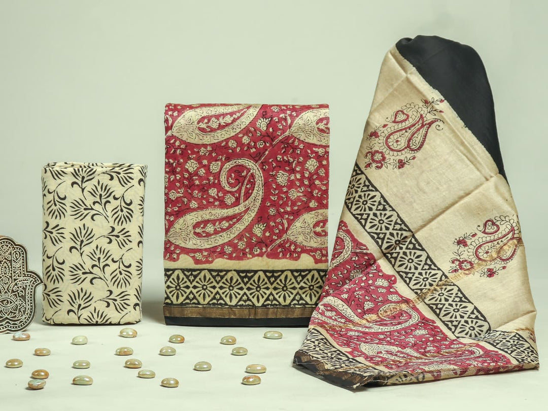 Pure Hand Block Chanderi Silk Unstitched Suit.