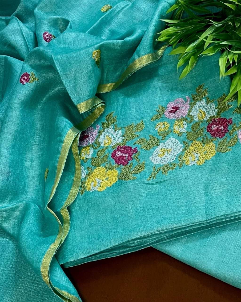 Bhagalpuri Slub Linen Embroidery Unstitched suit.
