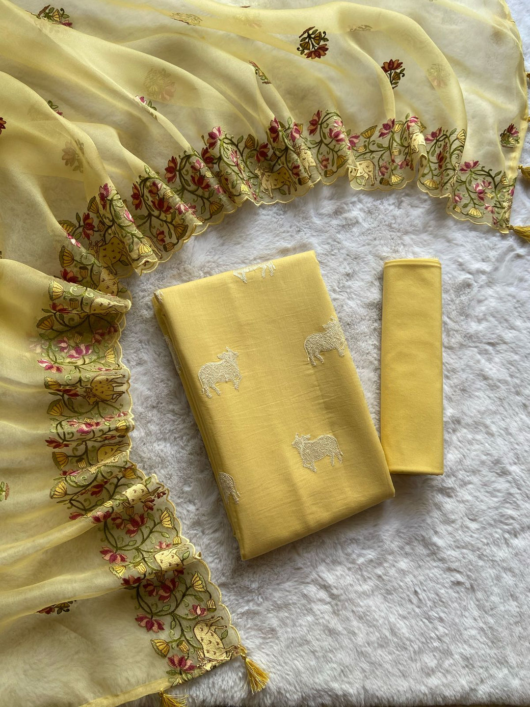 Pure Banarasi Mul Chanderi Cow Embroidery Work Unstitched Suit With Organza Dupatta.