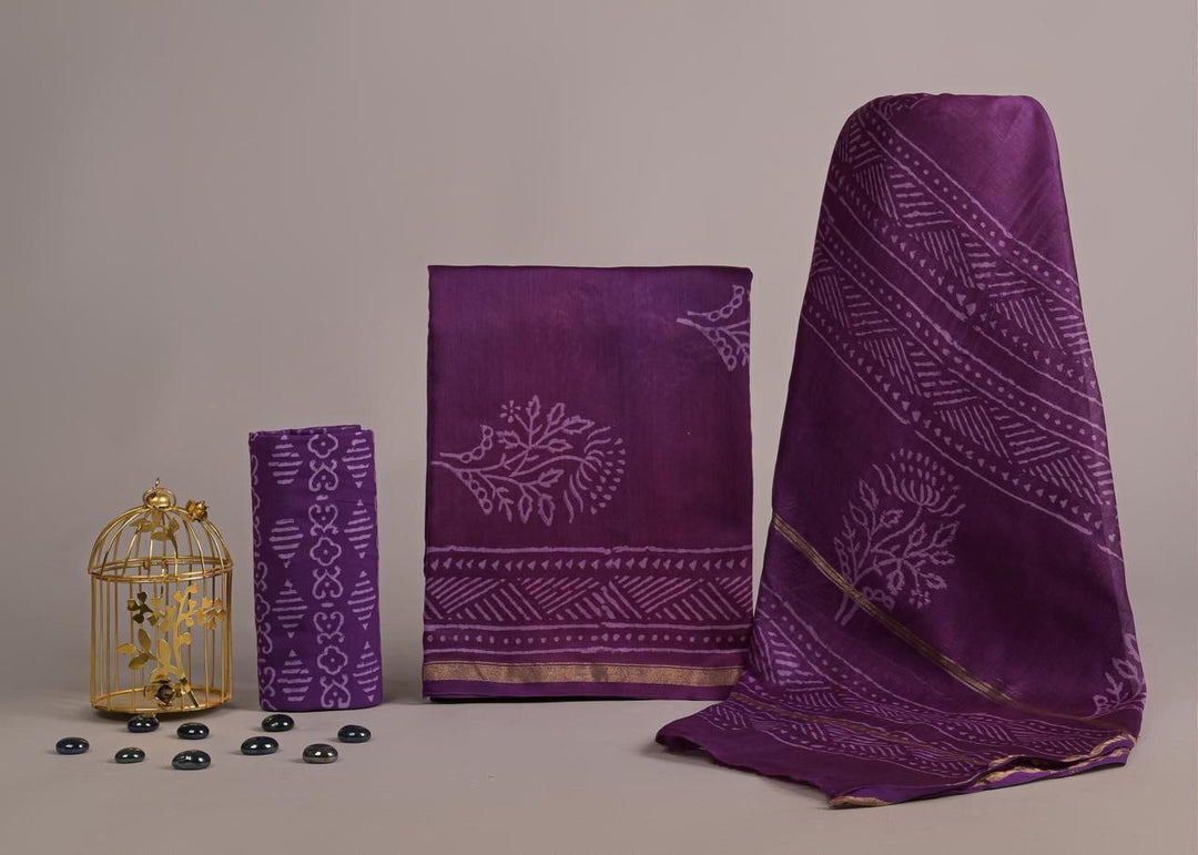 Pure Hand Block Chanderi Silk Unstitched Suit.