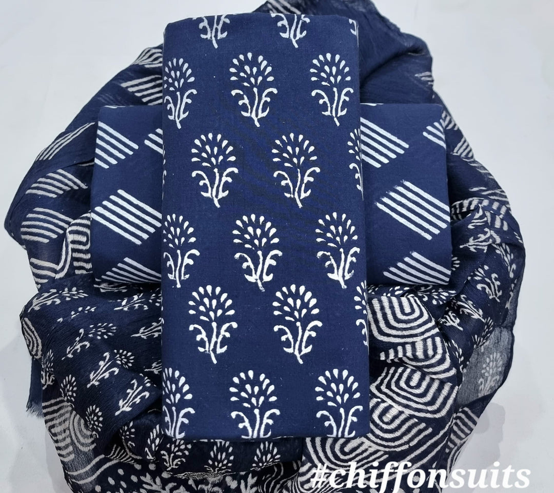 Pure Cotton Hand Block Print Unstitched Suit with chiffon dupatta .