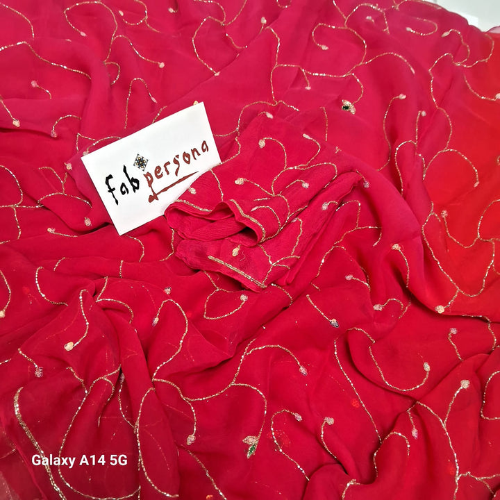 Pure Dimond Chiffon Cutdana Hand Work  Saree With Running Blouse