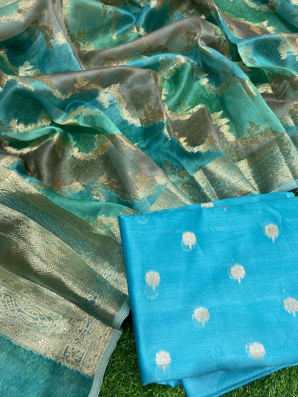 Pure Banarasi Chanderi Silk Zari Work Unstitched Suit With Banarasi Organza Rangkart Dupatta.