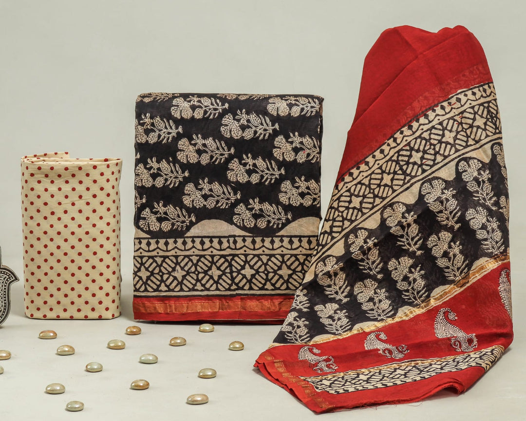 Pure Hand Block Chanderi Silk Unstitched Suit.