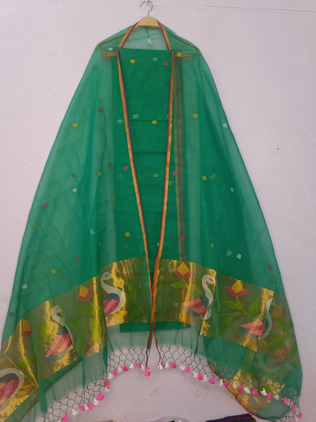 Pure Maslin Jamdani Weaved unstitched suit With Paithani Work .