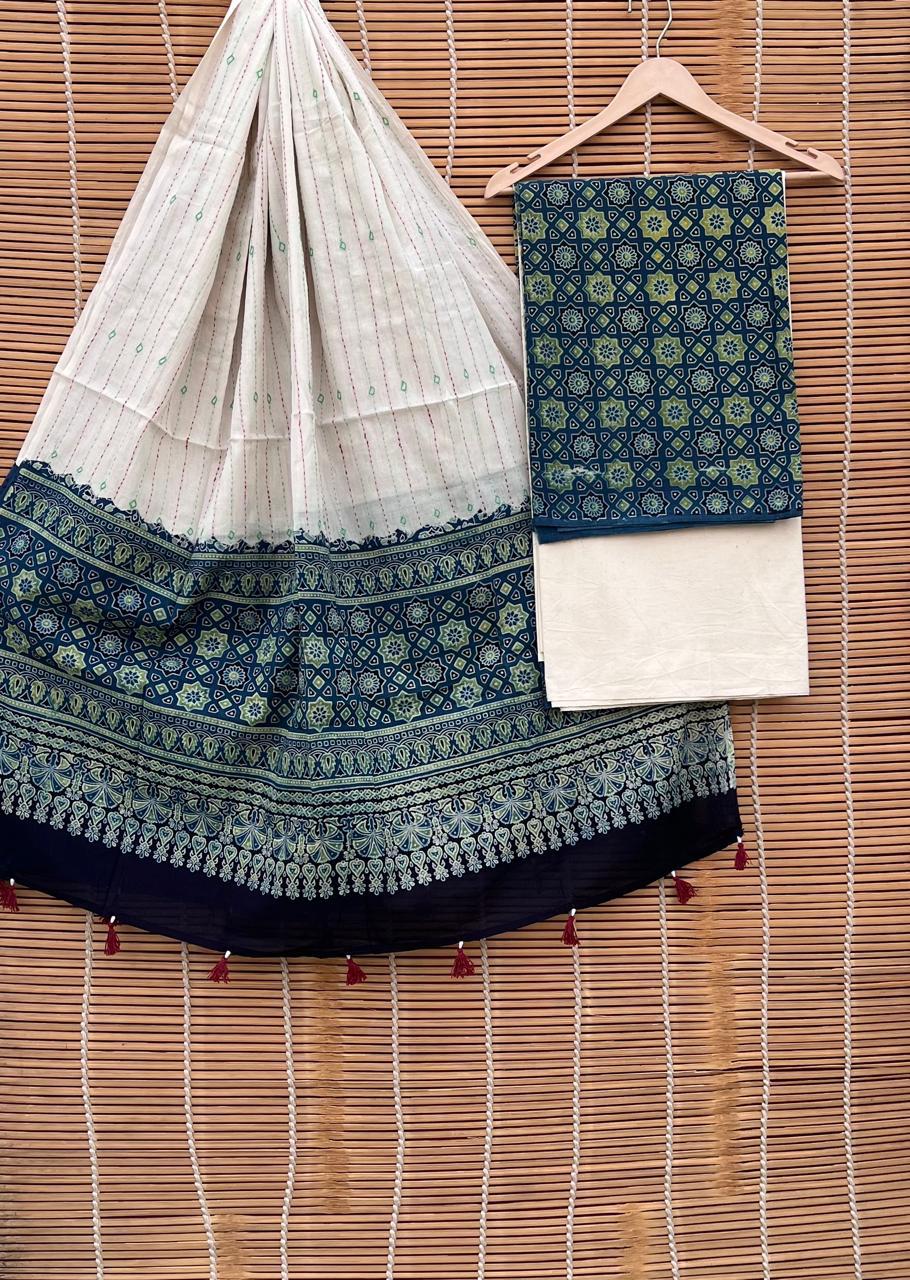 Pure Cotton Azrakh Print Unstitched suit Whit Kantha Work Dupatta.