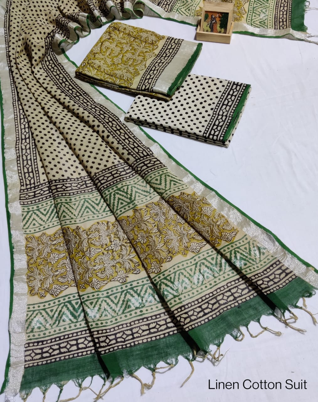 Hand Block Printed Linen Unstitched Suit .