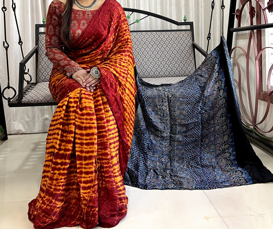 Pure Natural Dyeing Hand Block Print Modal silk saree.