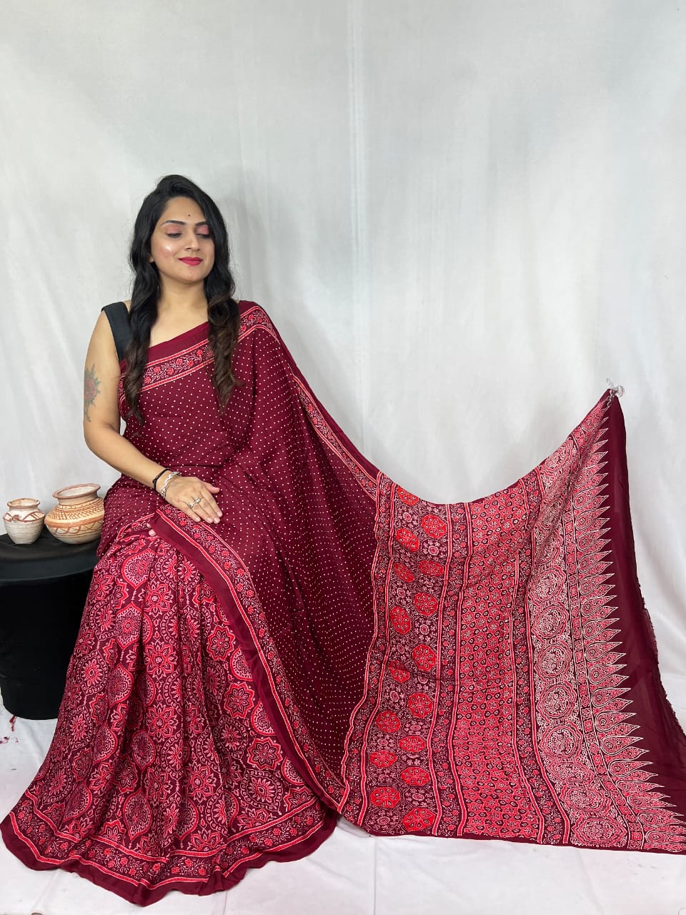 Pure Natural Dyeing Hand Block Print Modal silk saree.
