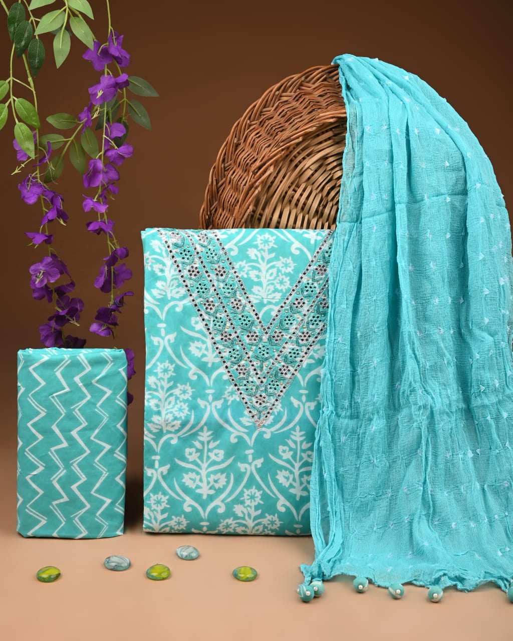 Pure Cotton Gotta patti Work unstitched Suit With Chiffon Dupatta.