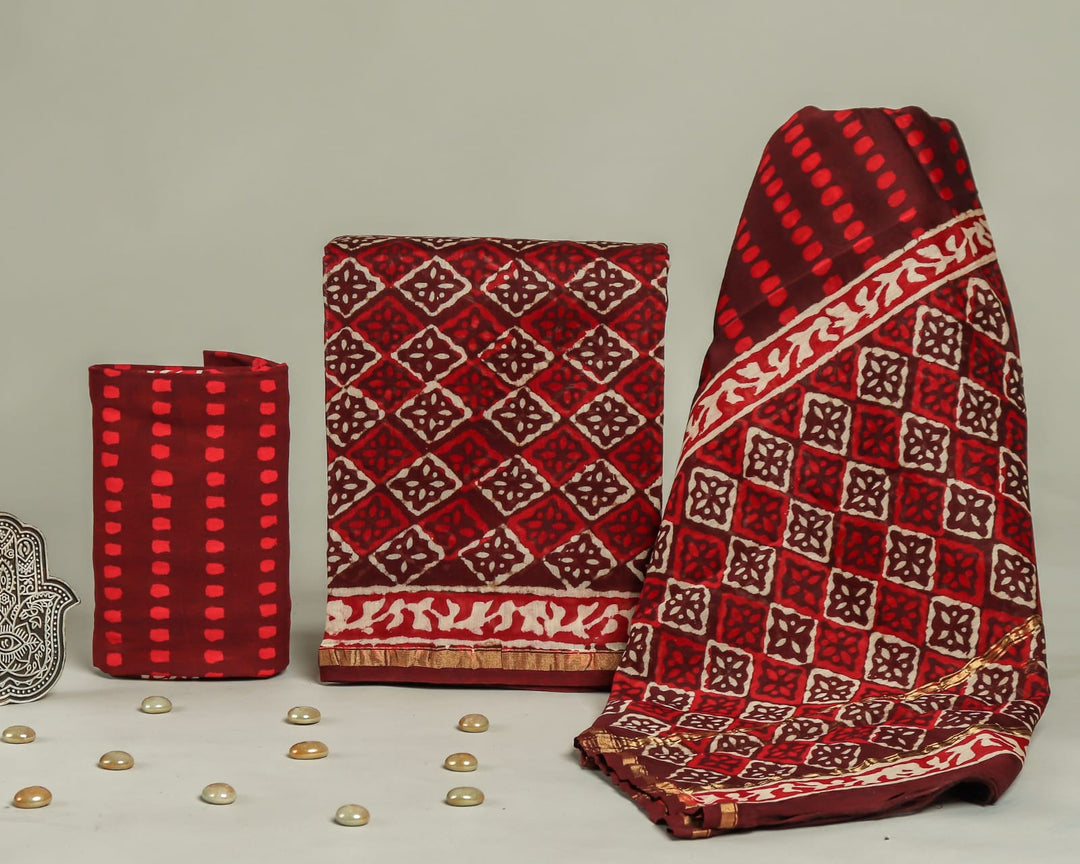 Pure Hand Block Chanderi Silk Unstitched Suit.