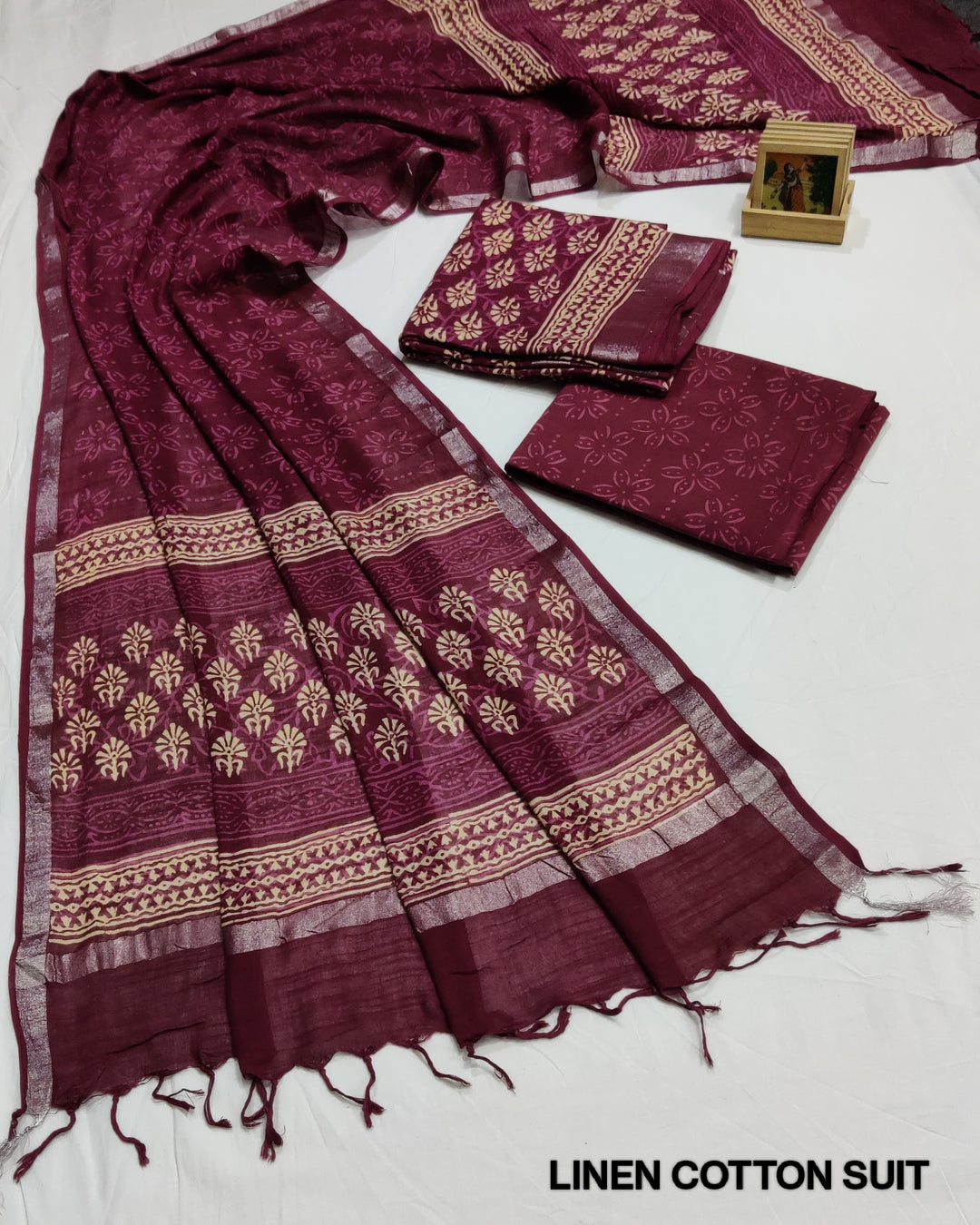 Hand Block Printed Linen Unstitched Suit .