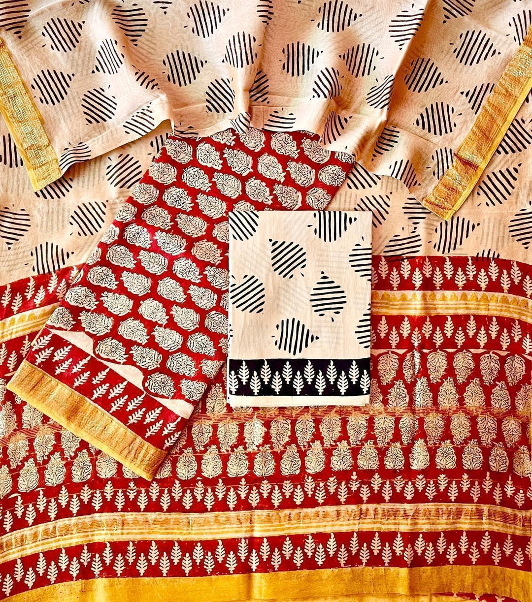 Pure Maheshwari Silk Hand block print Unstitched Suit.