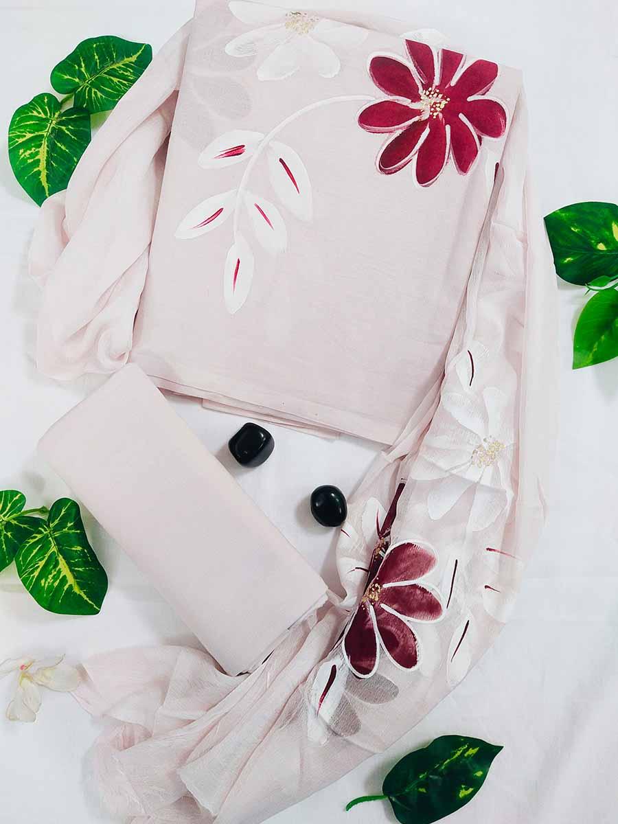 Pure Cotton Hand Block Printed Unstitched Suit Set With chiffon dupatta.