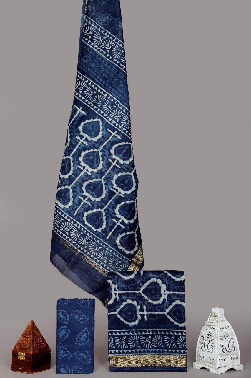 Pure Maheshwari Silk Hand block print Unstitched Suit.