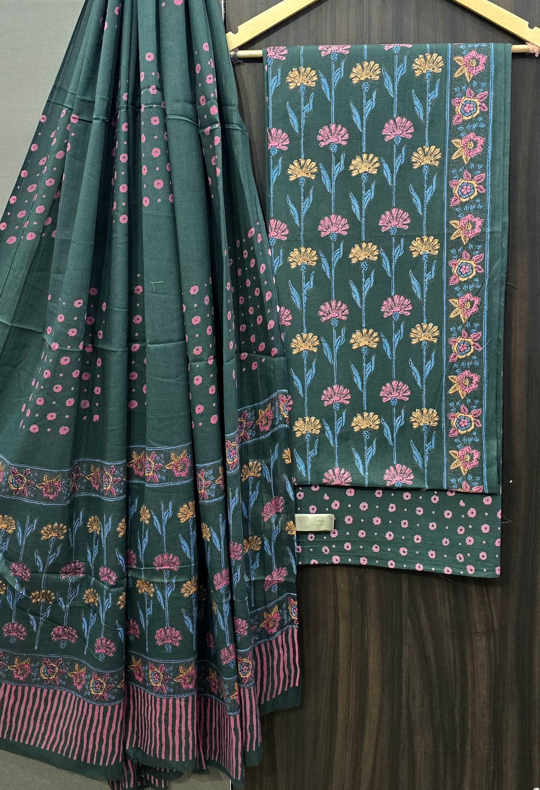 Pure Cotton Hand Block Printed Unstitched Suit Set With Cotton Dupatta.