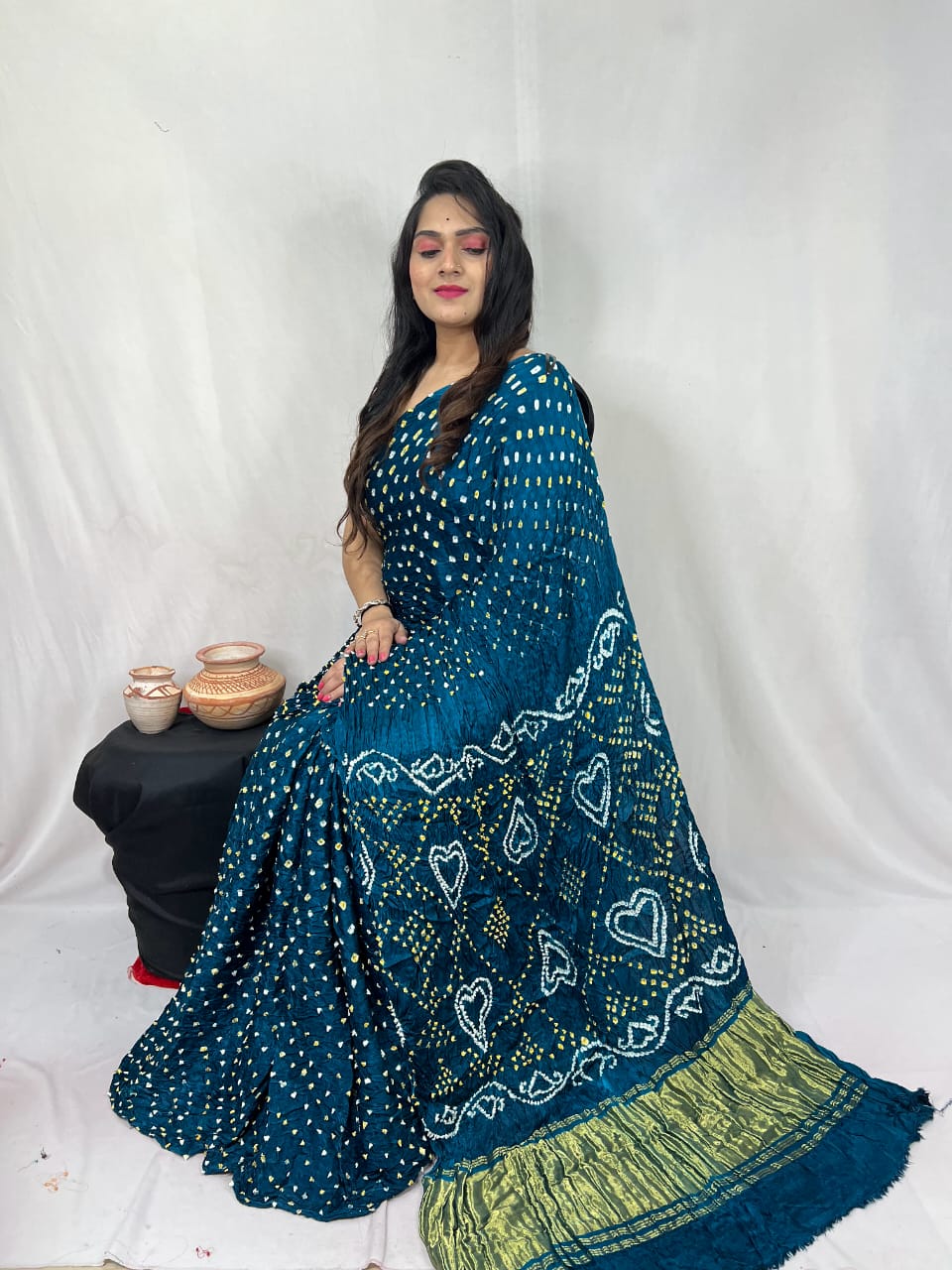 Pure Natural Dyeing Hand Block Bandhej Print Modal silk saree.