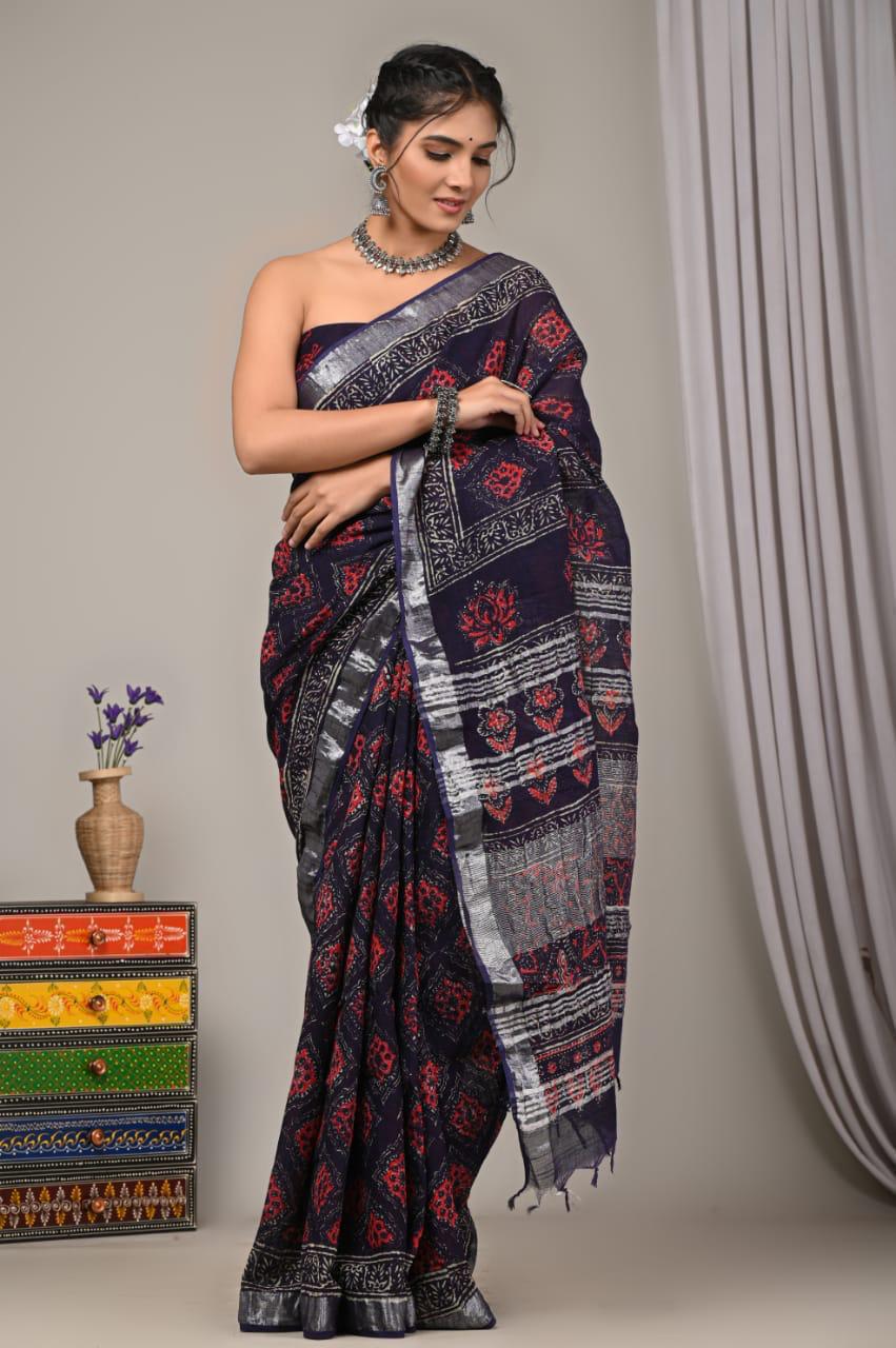Hand Block Print Linen Saree with Blouse .