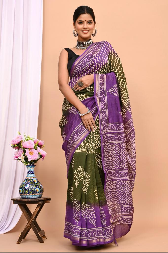 Hand Block Prninted Chanderi Saree .