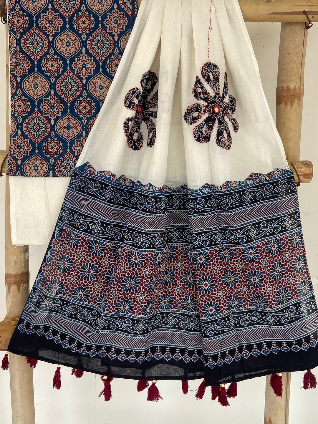 Pure Cotton Azrakh Print Unstitched suit with Patch Work Dupatta