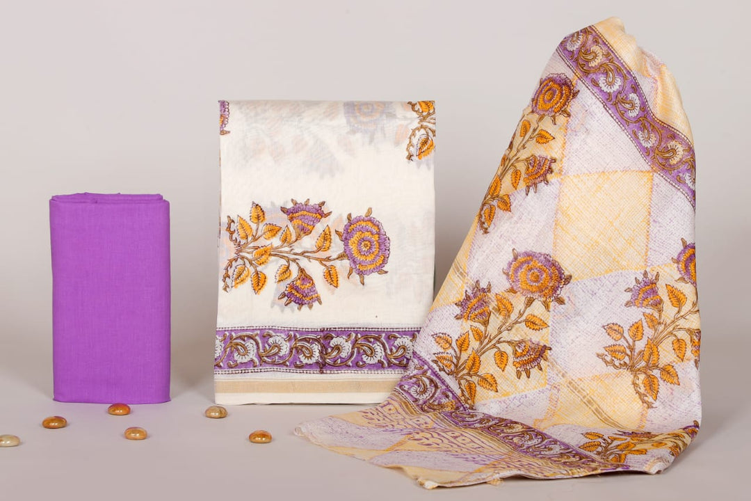 Pure Hand Block Chanderi Silk Unstitched Suit.