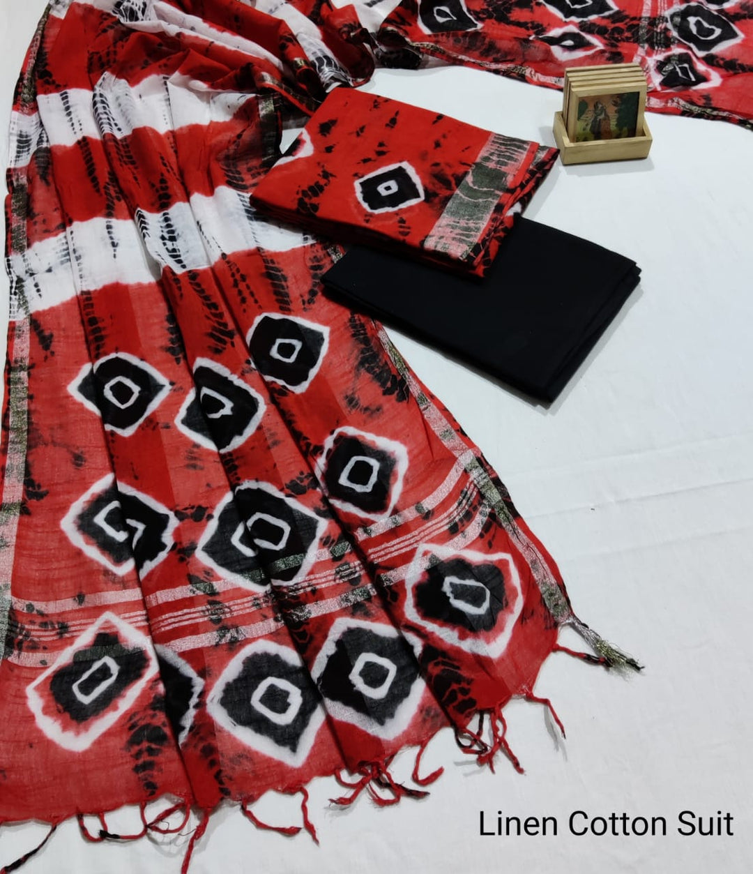 Hand Block Printed Linen Unstitched Suit .