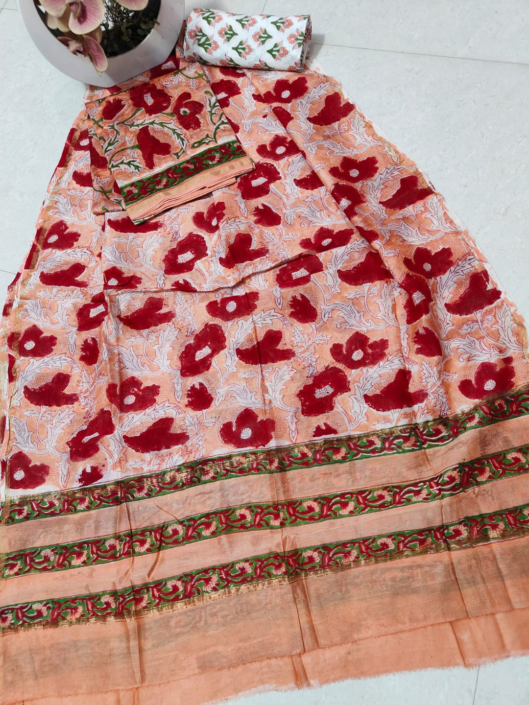 Pure Hand Block Chanderi Silk Unstitched Suit .