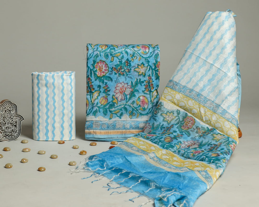 Pure Hand Block Chanderi Silk Unstitched Suit.