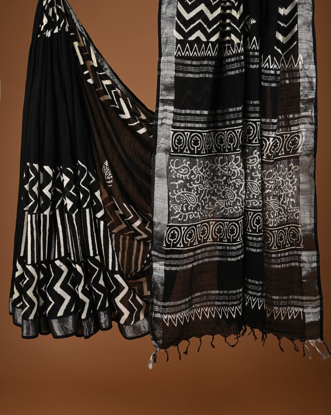 Hand Block Print Linen Saree with Blouse .