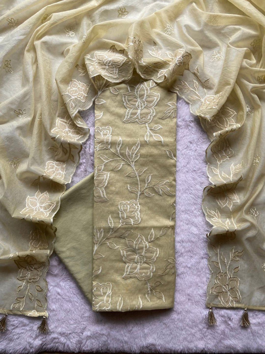 Pure Banarasi Diamond Tissue Silk Unstitched suit with Applique work .
