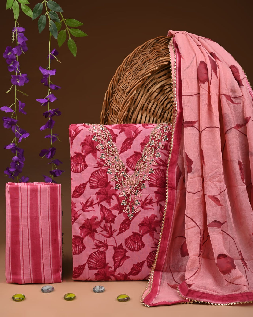 Pure Cotton Gotta patti Work unstitched Suit With Chiffon Dupatta.