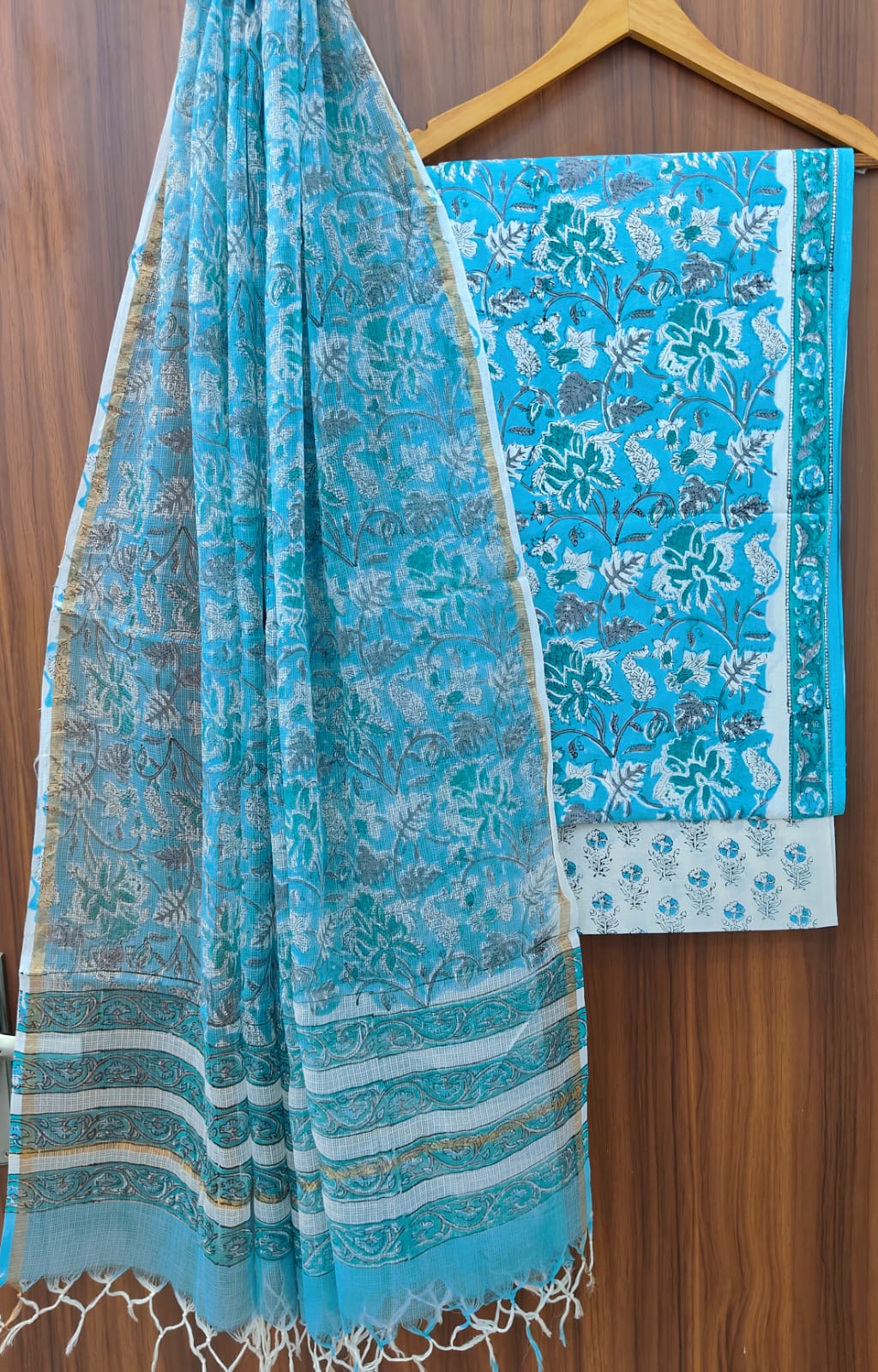 Pure Cotton Hand block print Unstitched Suit with Kota Dupatta.