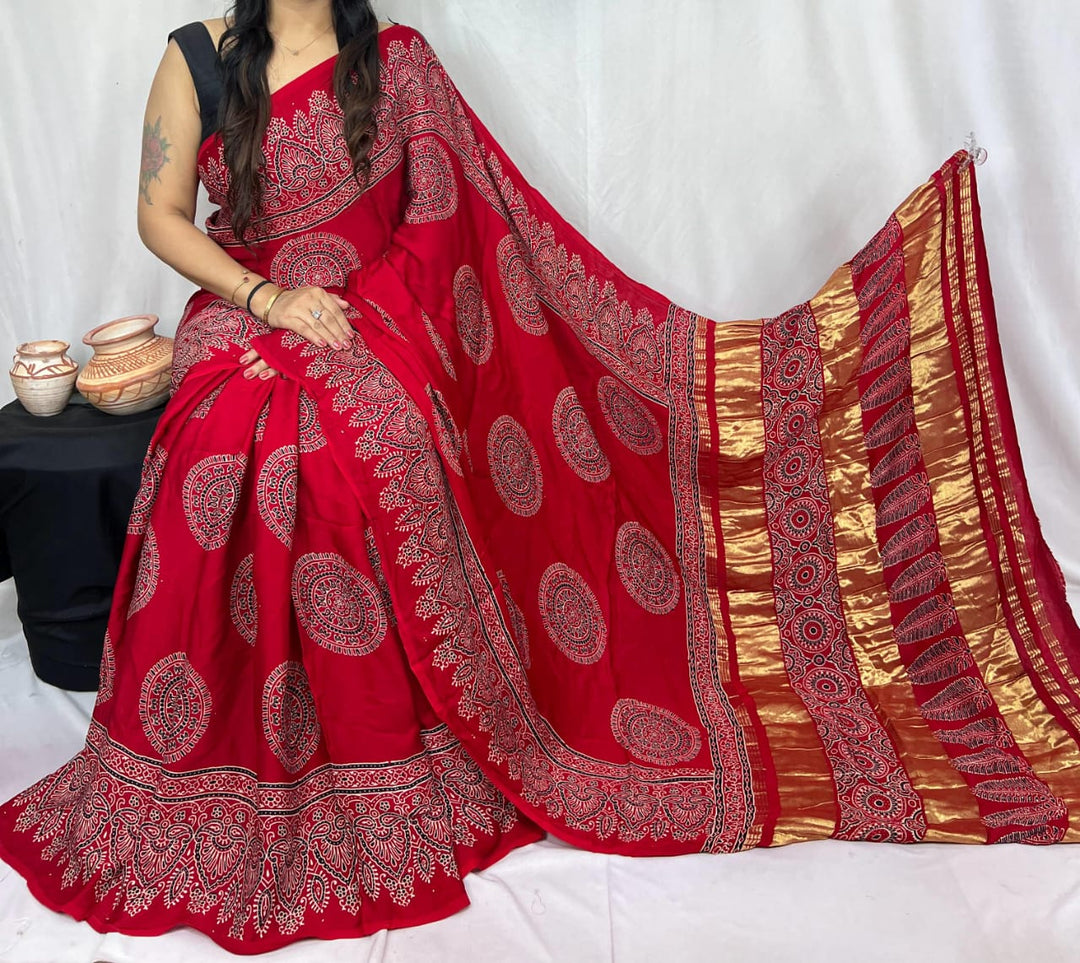 Pure Natural Dyeing Hand Block Print Modal silk saree.