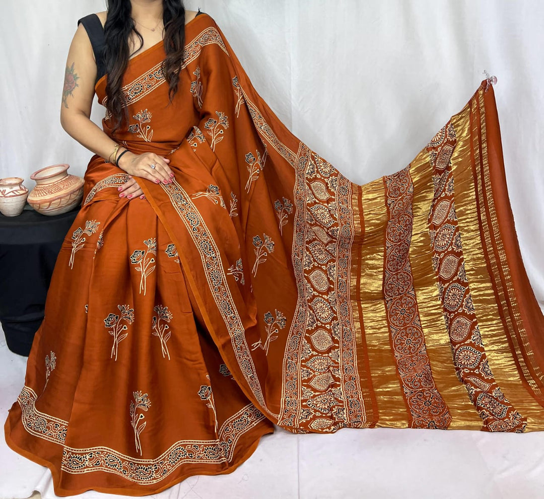 Pure Natural Dyeing Hand Block Print Modal silk saree.