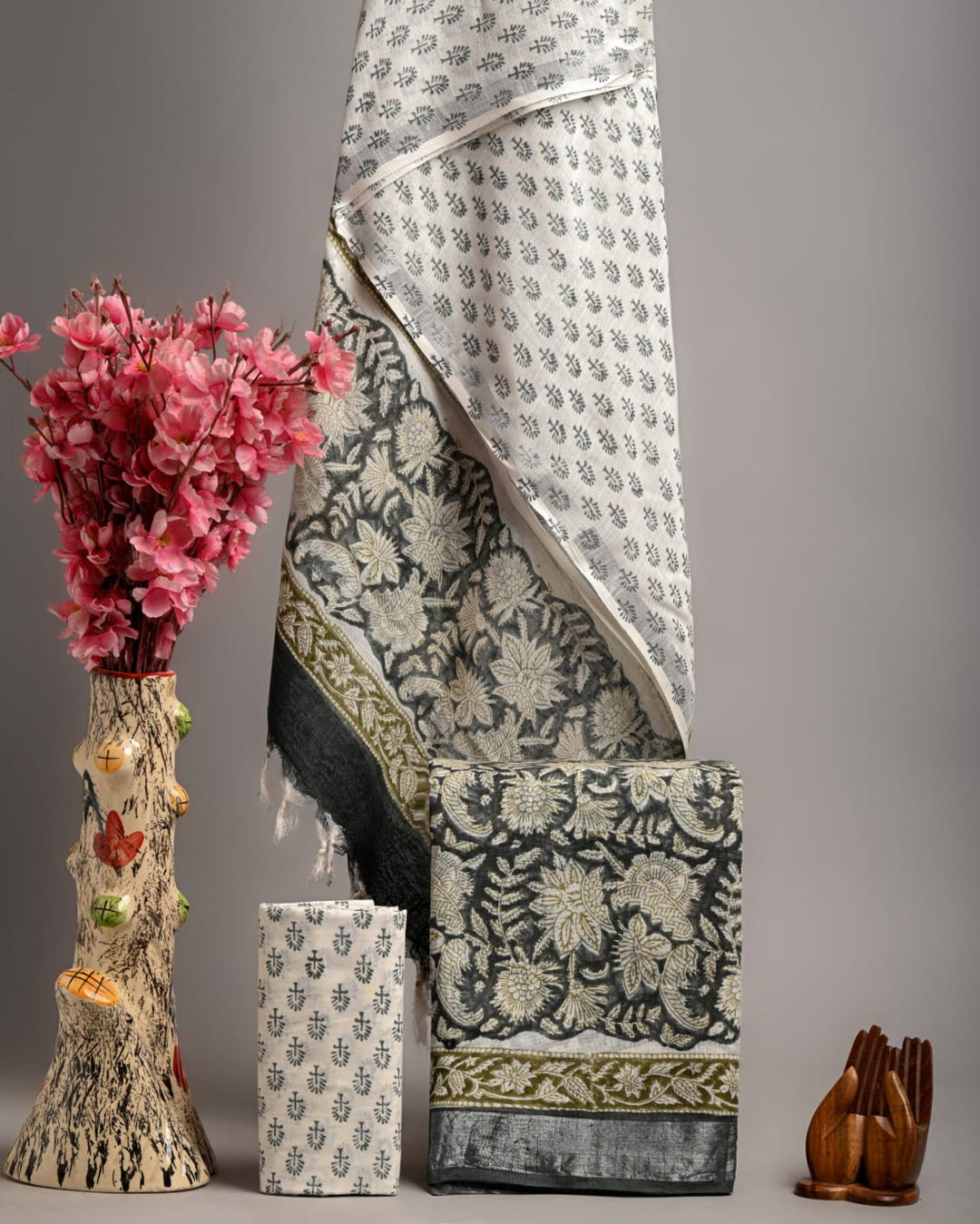 Hand Block Printed Linen Unstitched Suit .